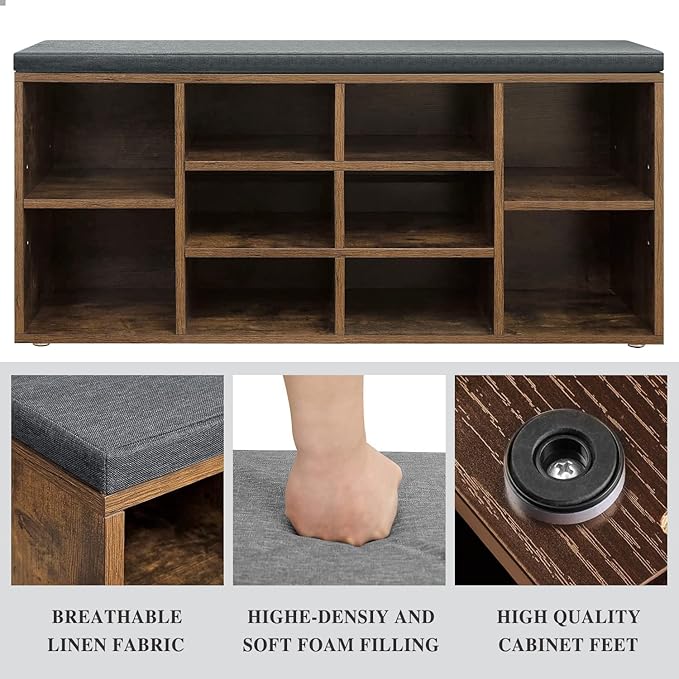 Shoe Storage Bench, Entryway Bench with Storage, 3-Tier Shoe Rack Bench 10 Cubbies Adjustable Shelves Shoe Organizer Shelf for Hallway Front Door Living Room Bedroom