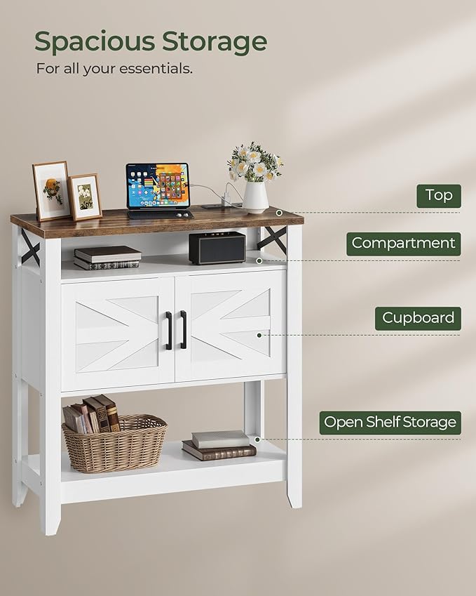 Console Table, Farmhouse Sofa Table with Power Outlet, Entryway Table with Cabinet and Open Shelves, Coffee Bar Cabinet with Storage for Entrance, Hallway, Kitchen, White and Walnut MXG01UWL-NeatNest