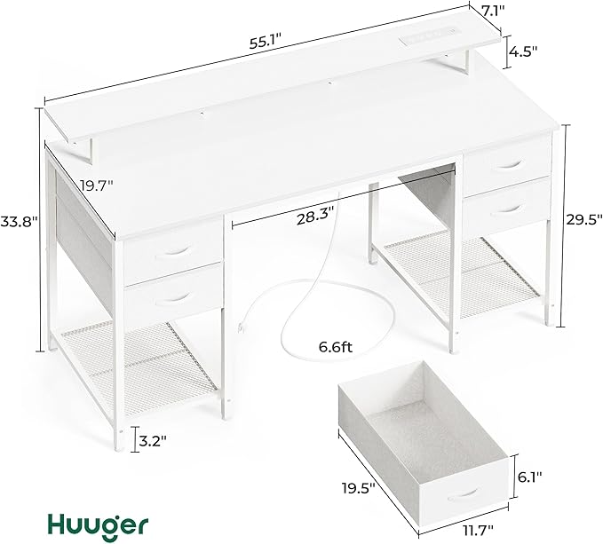 Huuger 55 inch Computer Desk with 4 Drawers, Gaming Desk with LED Lights & Power Outlets, Home Office Desk with Large Storage Space for Bedroom, Work from Home, White-NeatNest