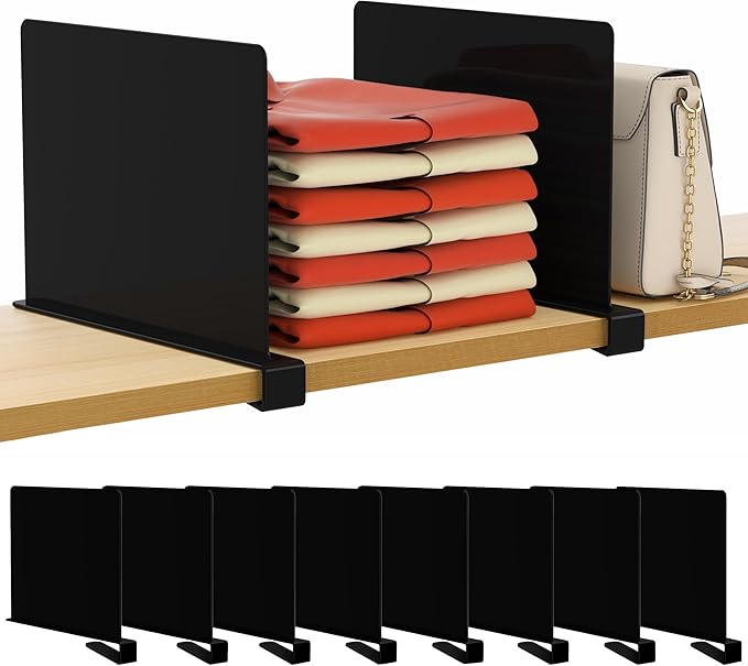 HBlife 8 Pack Black Shelf Dividers, Vertical Purse Organizer for Closet Perfect for Sweater, Shirts, Handbags in Bedroom and Kitchen, Adjustable Acrylic Bookshelf for Organization-NeatNest
