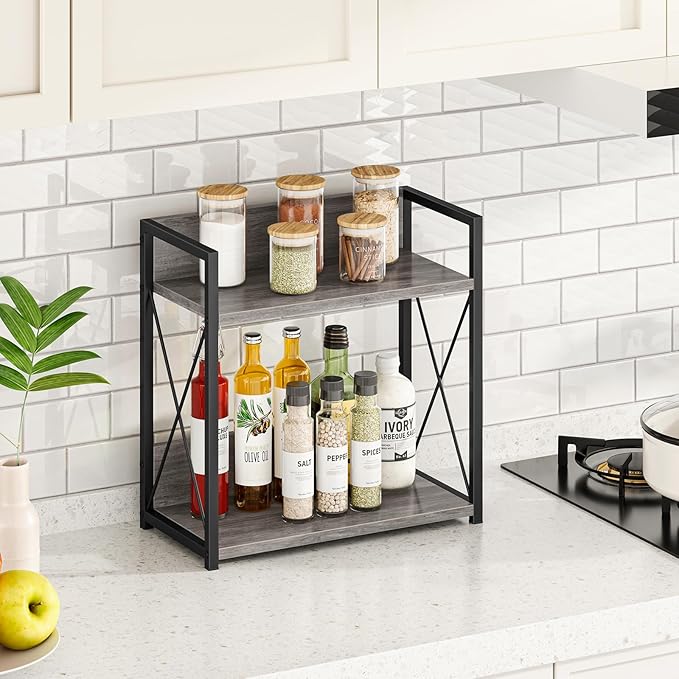 Giikin Coffee Bar Accessories, 2 Tier Spice Rack for Counter, Gray Kitchen Countertop Organizer (Grey, L)-NeatNest