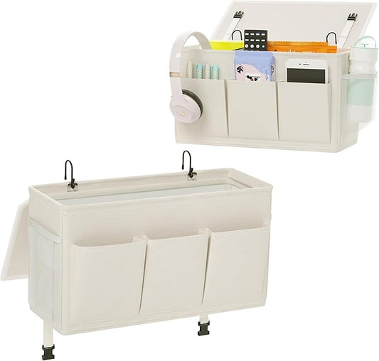 Dual-purpose Bedside Caddy Bedside Organizer, Bed Caddy with 6 Pockets, Versatile Bedside Storage Solution Magazine Remotes holder, ideal for Home, Dorm, Hospital, Crib Bed (White 2pcs)-NeatNest