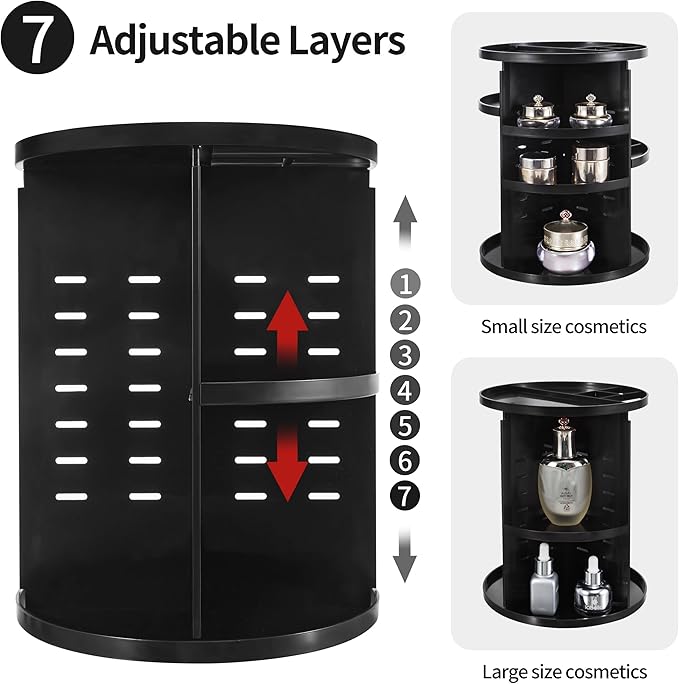 360 Rotating Makeup Organizer,DIY Adjustable Spinning Holder,Foldable Cosmetic Storage Display box,Large Capacity Make up Caddy Shelf,Fits Countertop Vanity and Bathroom (BLACK)-NeatNest