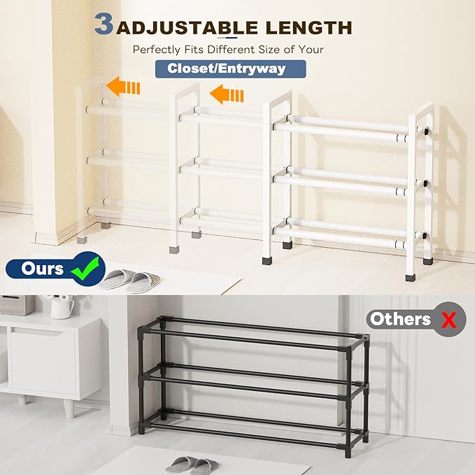 Mavivegue 3-Tier 19"-43.3" Adjustable Shoe Rack for Closet,Expandable Shoe Rack, Hall Entryway,Front Door,Garage, Sturdy Steel Space-Saving Rack, White-NeatNest