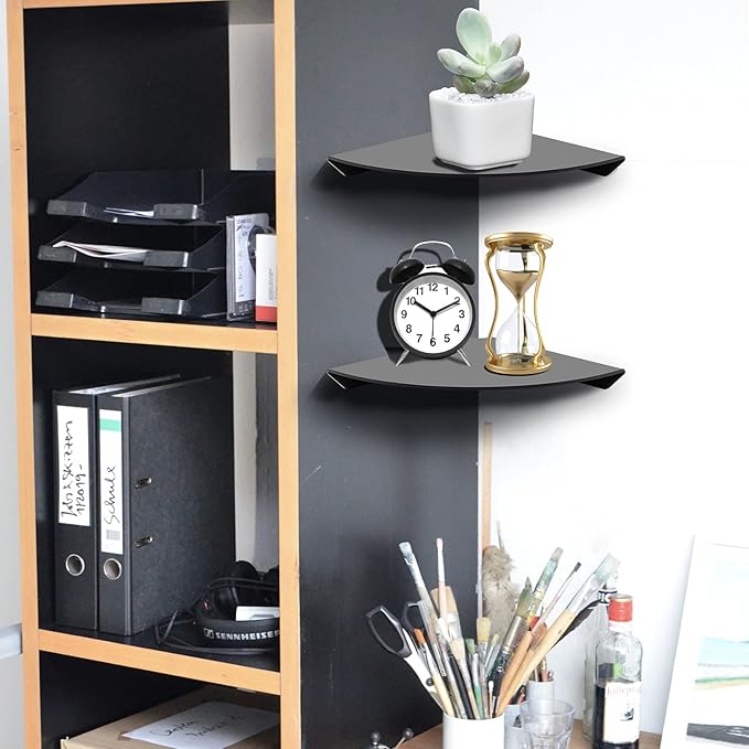 Cosmos 2 Pcs Acrylic Wall Mount Floating Corner Shelves Quarter Round Shower Shelf Hanging Corner Shelves Wall Storage Display Organizer for Bathroom Kitchen Bedroom Living Room (Solid Black)-NeatNest