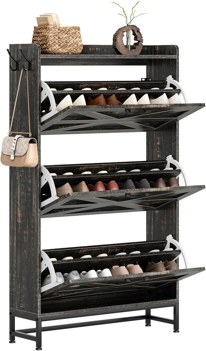 Vibe & Dine Farmhouse Shoe Storage Cabinet - Freestanding Narrow Shoe Rack with Metal Legs, Dark Rustic Oak-NeatNest