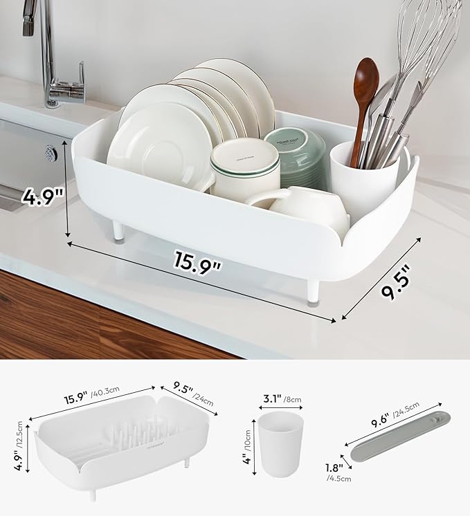 carrotez Split-Design Small Dish Drying Rack, Space-Saving Dish Drainer for Small Kitchen Countertops, Ideal for 1–2 Person Households or as a Secondary Rack, 9.5'' × 15.9'' × 4.9'', White