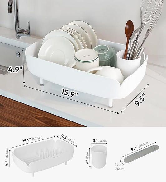 carrotez Split-Design Small Dish Drying Rack, Space-Saving Dish Drainer for Small Kitchen Countertops, Ideal for 1–2 Person Households or as a Secondary Rack, 9.5'' × 15.9'' × 4.9'', White-NeatNest