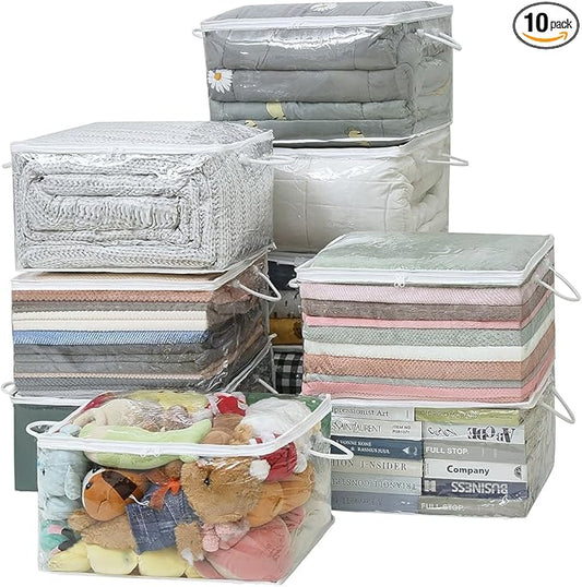 10 PCS Clear Zippered Storage Bags with Handle, Sweater Storage with Zipper, Foldable Closet Organizer Bed Sheet Organizer, Cube Plastic Organizer, Bag, Bin for Clothes,Towel-20 * 16 * 12-NeatNest
