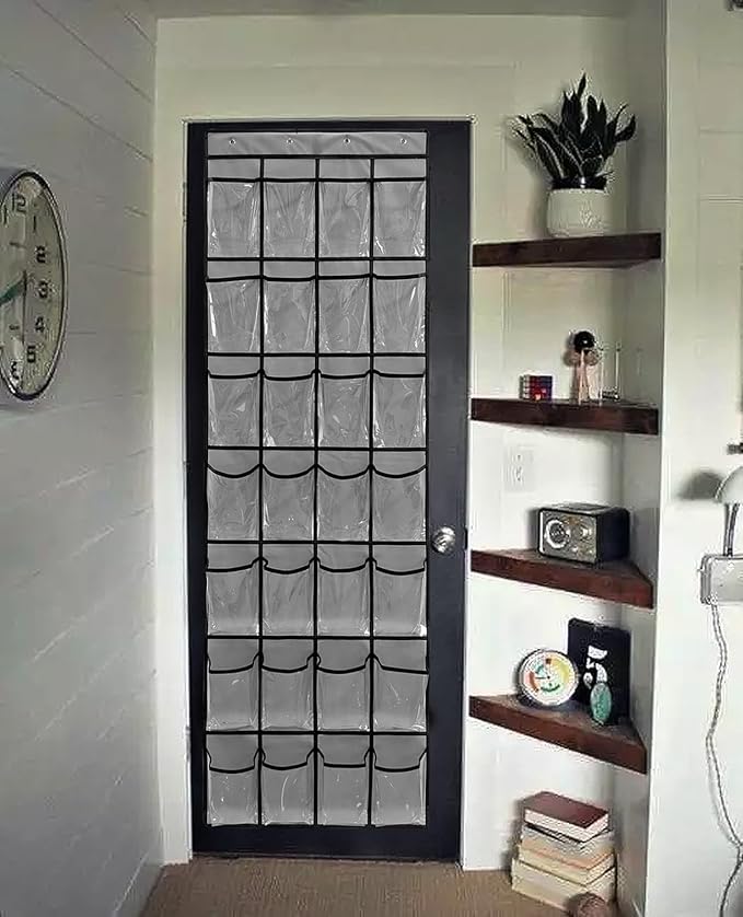 28 Large 1 Pack Transparent Pockets Over The Door Shoe Organizer Sturdy Hanging Shoe Rack for Door Closet Sneakers or Accessories, 4 hooks（Grey&Black）-NeatNest