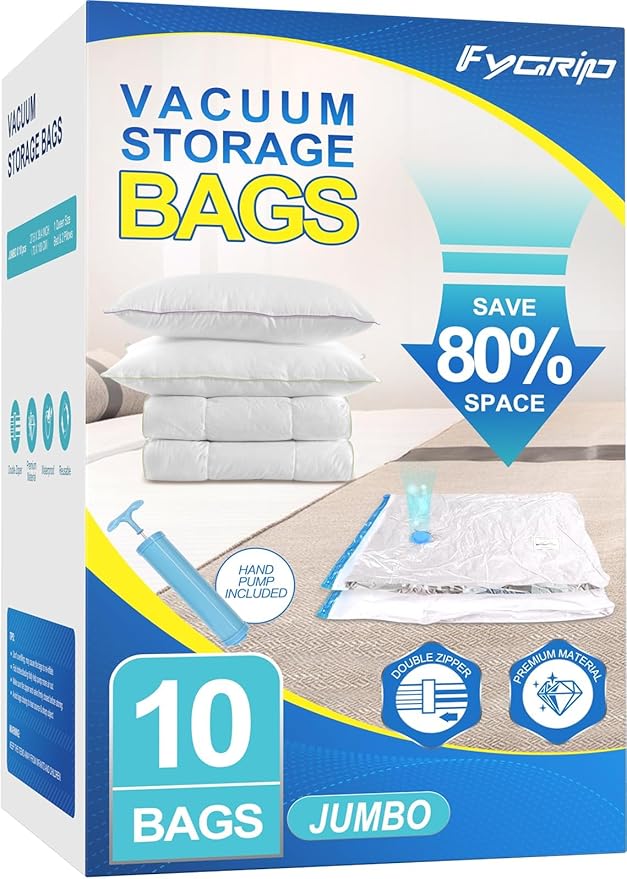 10 Pack Jumbo Vacuum Storage Bags with Hand Pump, Plastic Packaging Bags, 80% Space Saver Vacuum Seal Bags for Clothing, Travel Lugggage, Blankets, Comforters-NeatNest