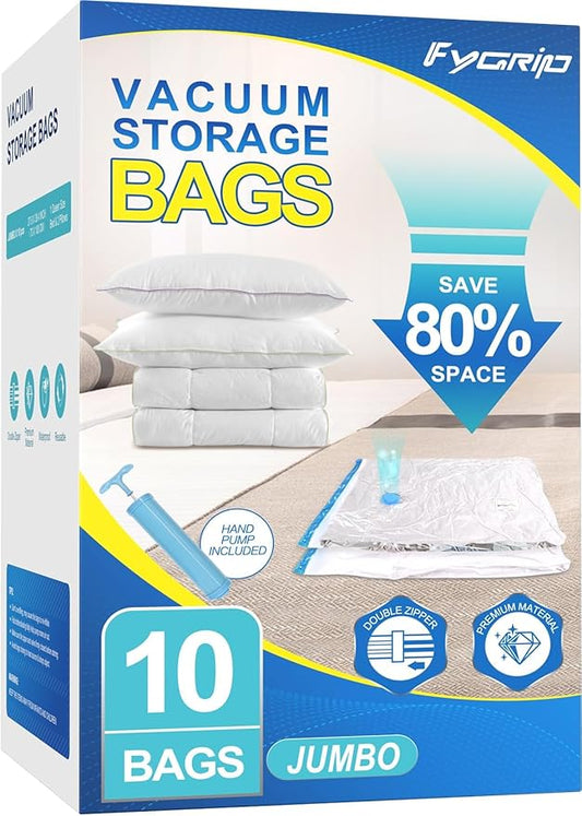 10 Pack Jumbo Vacuum Storage Bags with Hand Pump, Plastic Packaging Bags, 80% Space Saver Vacuum Seal Bags for Clothing, Travel Lugggage, Blankets, Comforters-NeatNest