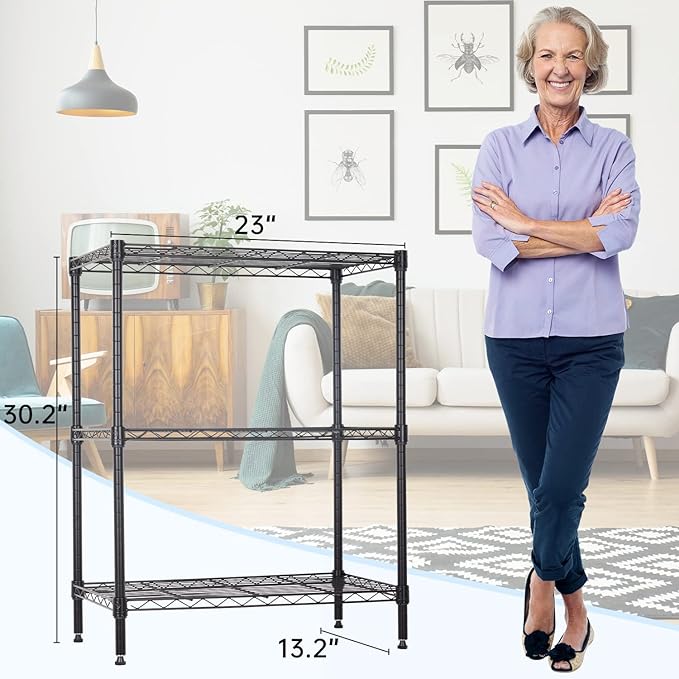 BestOffice 3-Shelf Adjustable Metal Storage Shelves Wire Shelving Unit Organizer Wire Rack 450Lbs Capacity for Small Places Kitchen Garage 23Lx13.2Wx30.2H,Black-NeatNest