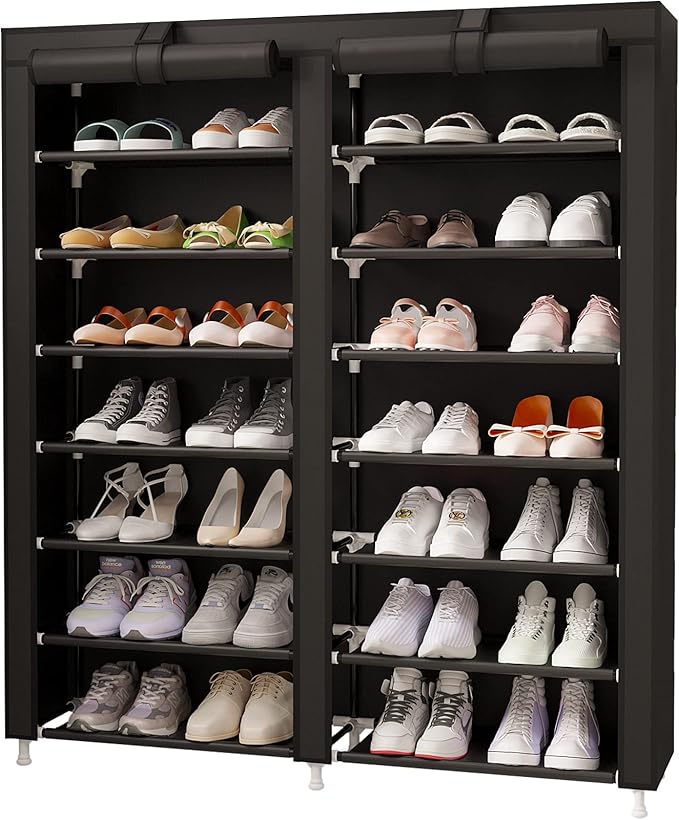 MOYIPIN Shoe Rack Storage Organizer, Double Row Portable Nonwoven Fabric Cover Shoe Rack Holds up to 28 Pairs 36.2 x 11.2 x49.2 Inches Black-NeatNest