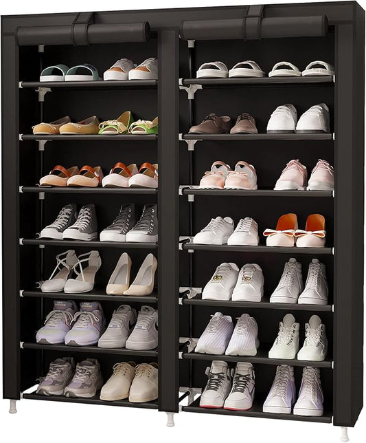 MOYIPIN Shoe Rack Storage Organizer, Double Row Portable Nonwoven Fabric Cover Shoe Rack Holds up to 28 Pairs 36.2 x 11.2 x49.2 Inches Black-NeatNest