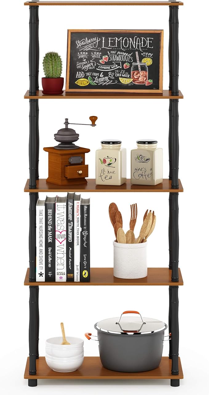 Furinno Turn-N-Tube 5-Tier Multipurpose Shelf / Display Rack / Storage Shelf / Bookshelf, Classic Tubes, Light Cherry/Black-NeatNest