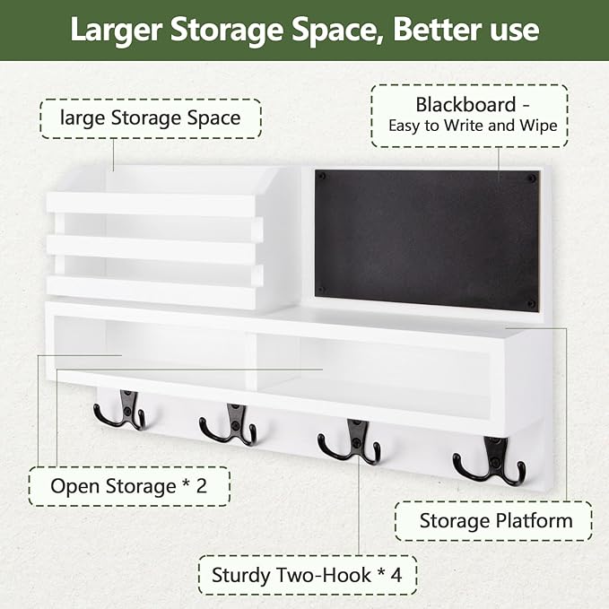Key Holder for Wall, Wall Mounted Mail Holder Wooden with Shelf & 3 Liquid Chalks & Chalkboard, Mail Sorter Organizer, Rustic Home Decor - Entryway Living Room (15.98”W x 9.1”H x 3.3”D), White