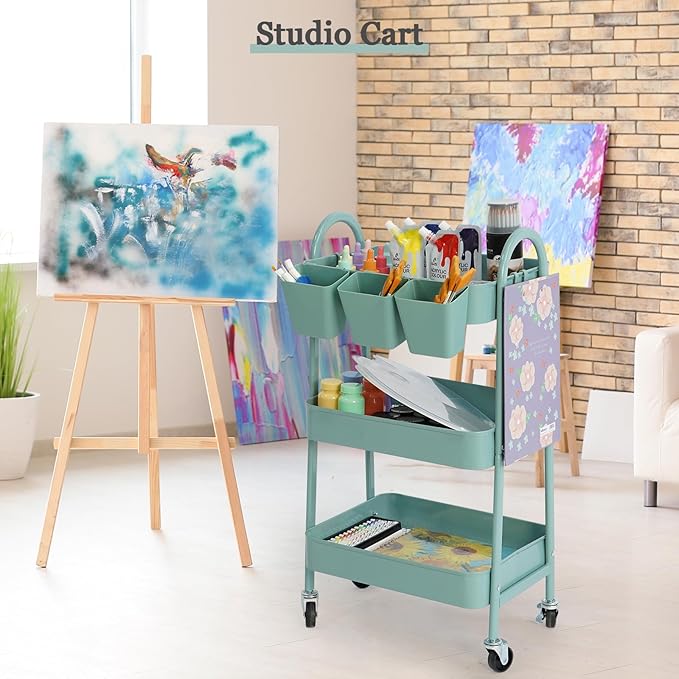 danpinera 3-Tier Rolling Cart, Metal Rolling Storage Cart with Lockable Wheels & Hanging Cups & Hooks, Mobile Trolley for Kitchen, Bathroom, Office, Workshop, Green-NeatNest