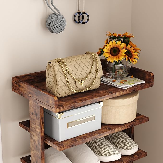 HOMEFORT 7-Tier Wood Shoe Rack, Double Rows Shoe Shelf, Shoe Storage Stand, Entryway Shoe Tower, Vertical Shoe Organizer for Narrow Closet, Entryway, Hallway, Rustic Brown-NeatNest