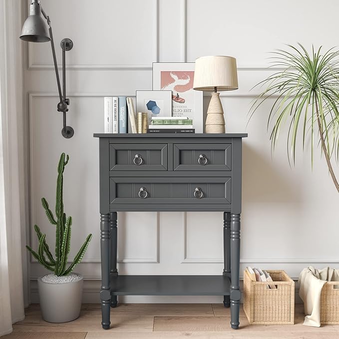 Giantex Console Table with 3 Drawers, 24" Rustic Entryway Table with Storage, Open Bottom Shelf, Compact Hallway Table, Small Sofa Side Table for Living Room, Bedroom, Narrow Entry Table, Gray-NeatNest