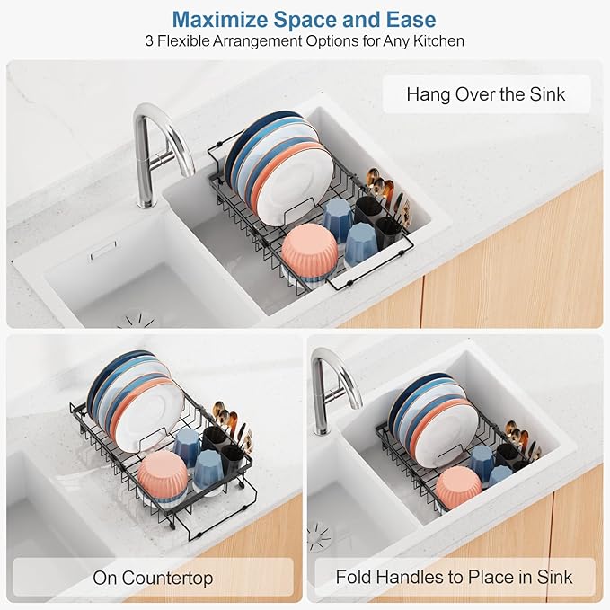 iSPECLE Expandable in Sink Dish Drying Rack - Adjustable Capacity (12.4''-17.1''L) Over The Sink Dish Drainer Drying Rack for Kitchen Counter and Sink, Dish Rack with Utensil Holder, Black