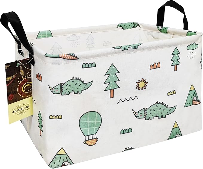 HUNRUNG Rectangle Storage Basket Cute Canvas Organizer Bin for Pet/Children Toys, Books, Clothes Perfect for Rooms/Playroom(REC-Green-Pine Dinosaur)
