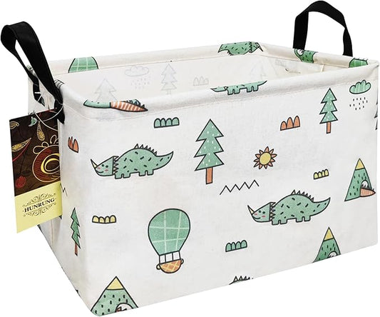 HUNRUNG Rectangle Storage Basket Cute Canvas Organizer Bin for Pet/Children Toys, Books, Clothes Perfect for Rooms/Playroom(REC-Green-Pine Dinosaur)
