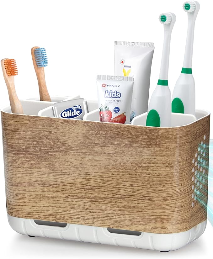 Boperzi Toothbrush and Toothpaste Holder Wood Grain for Bathroom Countertop with Adjustable Dividers, Toothpaste Caddy Organizer Storage Rustic Decor Set Freestanding Anti-Slip for Shower,Family,Kids-NeatNest