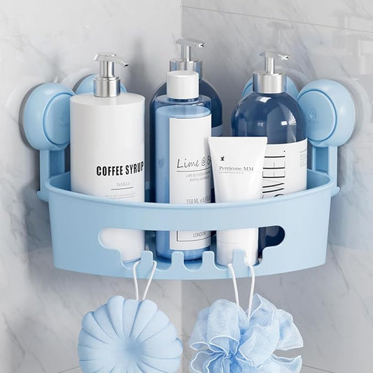 TAILI Corner Shower Caddy with Suction Cups, Wall Mounted Organizer Plastic Rack for Small Bathrooms, Kitchen, Removable Drill-Free Heavy Duty Shelf Basket, BLUE
