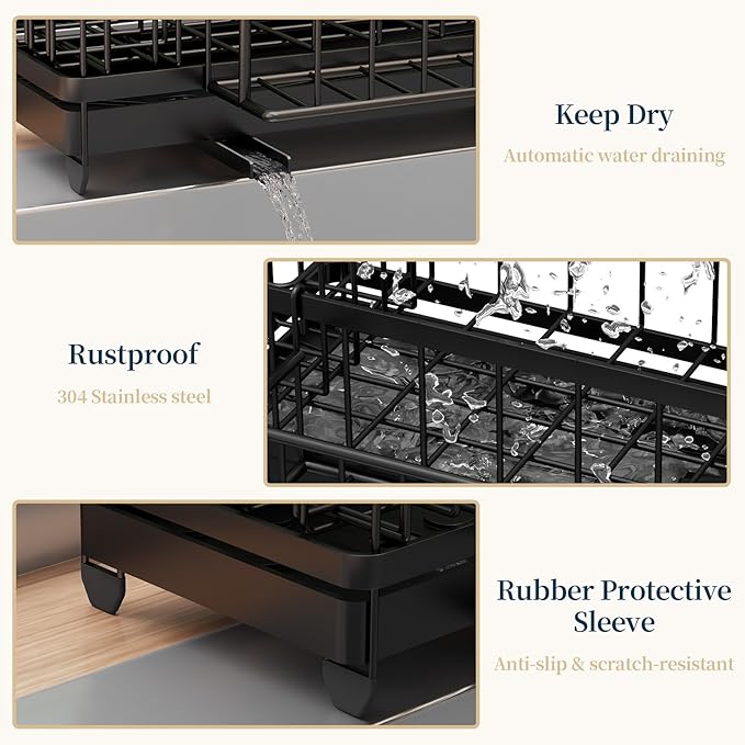 Consuemst Sponge Holder for Kitchen Sink - Auto Draining Sink Caddy Organizer with Detachable Rack, High Brush Holder, Kitchen Countertop Storage Accessories, Black-NeatNest