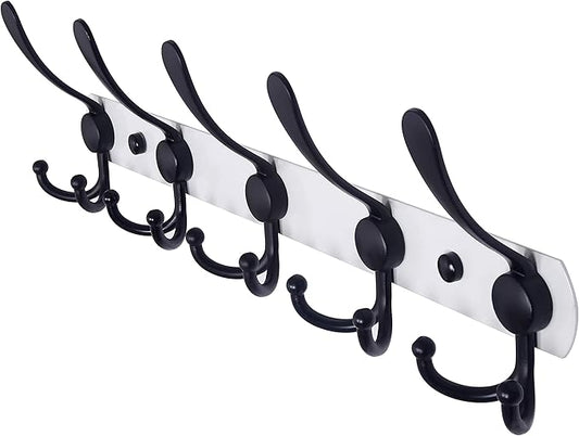 Dseap Wall Mounted Coat Rack - 5 Tri Hooks, Heavy Duty, Stainless Steel, Metal Coat Hook Rail for Coat Hat Towel Purse Robes Mudroom Bathroom Entryway,White & Black-NeatNest