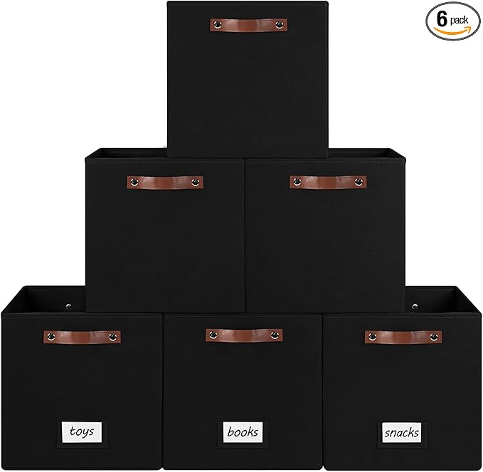 6-Pack Collapsible Fabric Storage Cubes with Handles & Label Holders, Closet Cube Home Organizer Bins (Black, 13 x 13 x 13 inch)