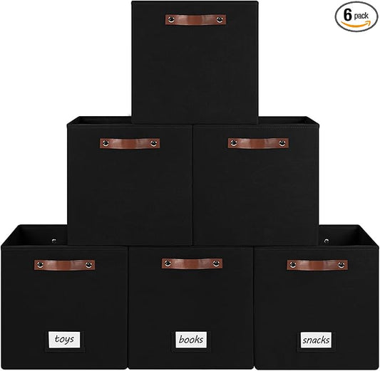 6-Pack Collapsible Fabric Storage Cubes with Handles & Label Holders, Closet Cube Home Organizer Bins (Black, 13 x 13 x 13 inch)