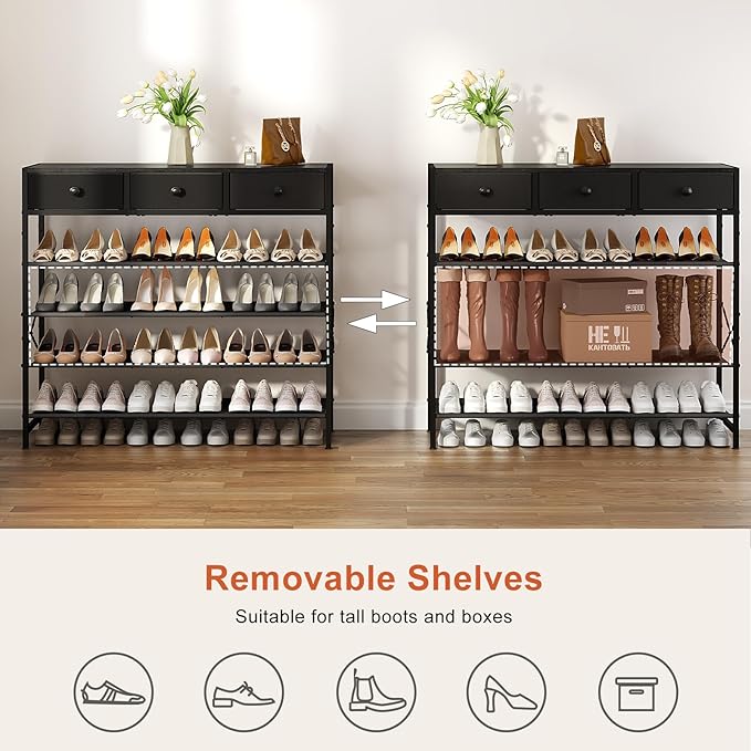 Shoe Rack, 5 Tier Shoe Organizer with 3 Drawers, Metal Shoe Storage for 24-30 Pairs of Shoes with Fabric Shelves and Wooden Top, Narrow Shoe Shelf for Closet Entryway Black-NeatNest