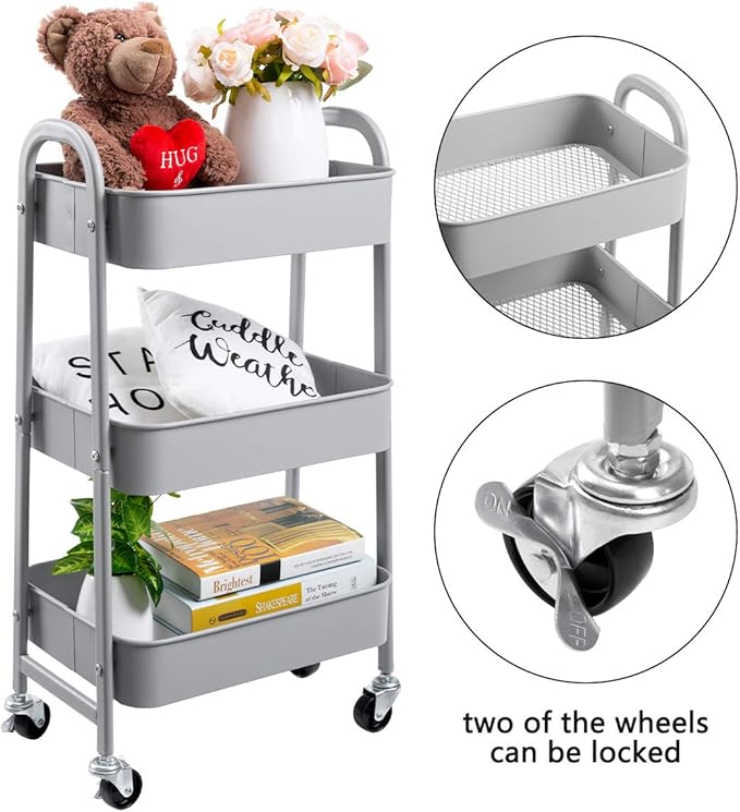 AGTEK Makeup Cart, Movable Rolling Organizer Cart, 3 Tier Metal Utility Cart, Grey-NeatNest