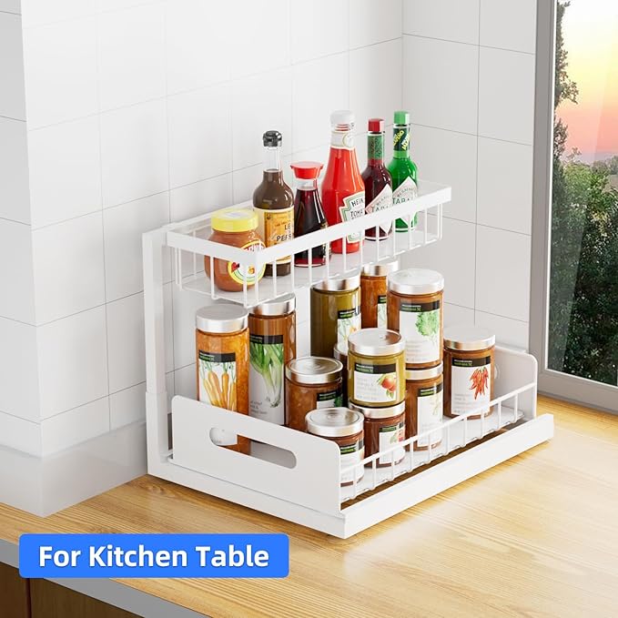 2-Tier Under Sink Slide Out Organizer, 2 Pack Pull Out Cabinet Storage Shelf with Sliding Wire Basket Drawer for Bathroom Kitchen, Countertop or Pantry Shelf, White-NeatNest
