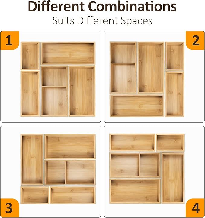 Bamboo Drawer Organizer Set, 5-PCS Adjustable Kitchen & Office Drawer Organizers, Multipurpose Storage Trays for Utensils, Makeup, Jewelry, Bathroom & Desk Accessories-NeatNest