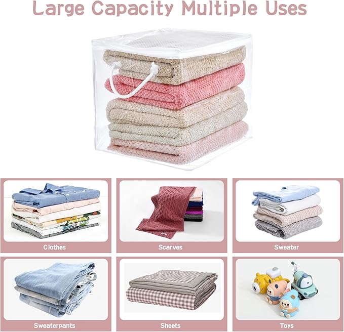 10-Pack Clear Zippered Storage Bags with Handles, Two-Way Zipper Foldable Closet Organizer, Bed Sheet Organizer, Plastic Storage Bin for Clothes, Towels-NeatNest