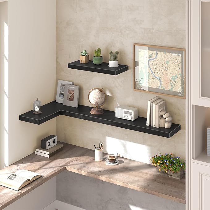 HOOBRO Floating Shelves for Wall, Wall Mounted Shelf Set of 2, 55" Hanging Shelf with Invisible Brackets, for Wall in Bathroom, Bedroom, Toilet, Kitchen, Living Room, Office, Black BK140BJP201-NeatNest