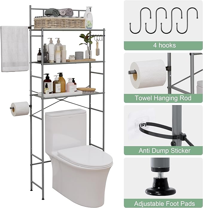 3-Tier Over The Toilet Storage Rack, Freestanding Bathroom Shelves Organizer with Hooks and Toilet Paper Holder, Space Saver Metal Shelf for Small Bathroom, Grey