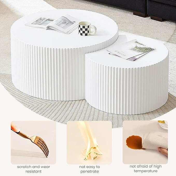 Round Wood Coffee Table Set of 2 Modern Circle Nesting Coffee Table Handcrafted Drum Nesting Table Nesting Coffee Tables for Living Room for Small Space (Cream (D27.56+D19.69 inch))