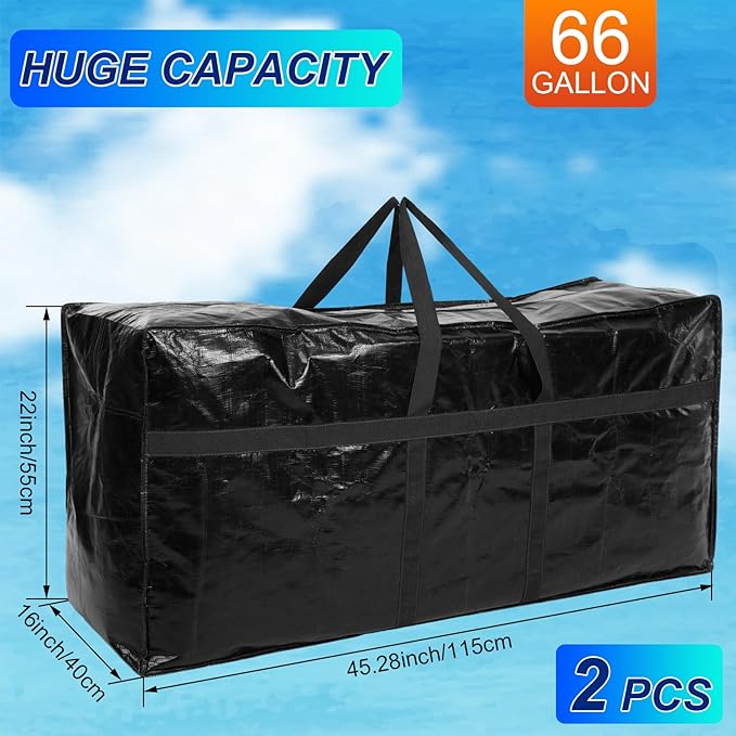 2 Pcs 66 Gallon Extra Large Moving Bags Storage Bags with Zipper and Handles Heavy Duty Duffle Bag Foldable Tote Bag for College Dorm Travel Clothes Blankets Bedding Moving(Black)
