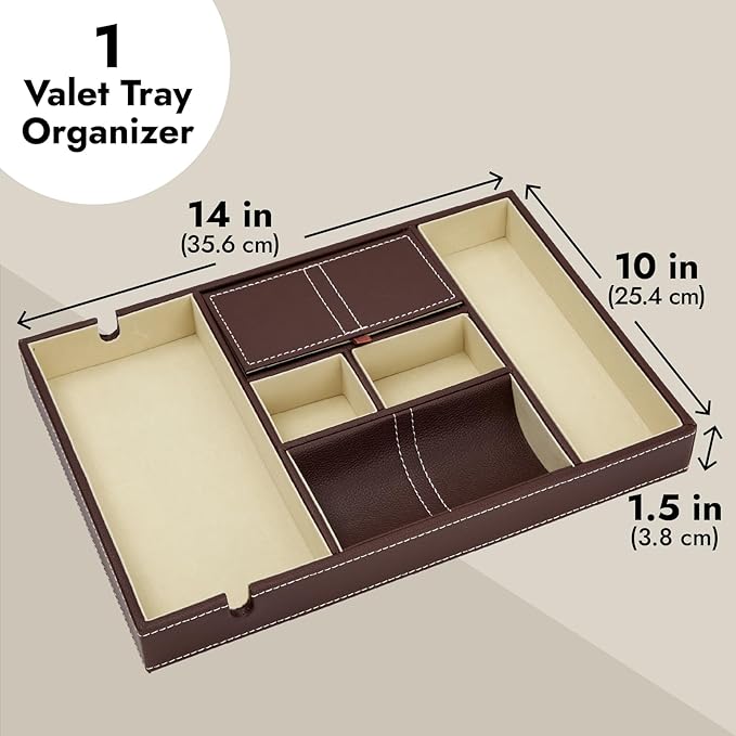 Juvale Leather Valet Catchall Tray for Men with 6 Compartments - Bedside Nightstand Organizer for Phones (Brown) - Valet Tray-NeatNest