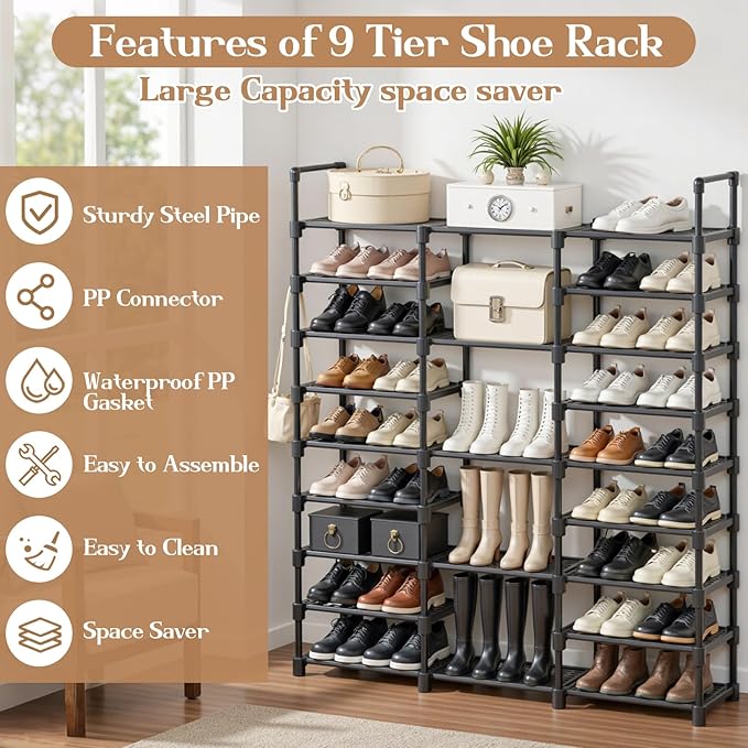 Shoe Rack Storage Shelf Stand Cabinet, 9 Tier Shoe Organizer for Closet Entryway Holds 50-55 Pairs Stackable Space Saving Storage Freestanding Shelf with Hooks-NeatNest