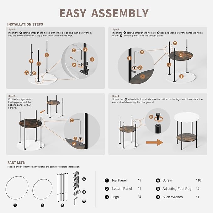 End Tables Living Room - Sturdy SideTable with Metal Frame, Modern Small Sofa & Bedside Table,Multi-Functional Round Coffee Table for Bedroom, Balcony, Sofa, Gym,Office