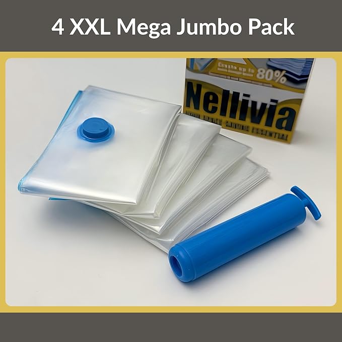 4 Mega Jumbo XXL Vacuum Storage Bags with Pump (47x35in), Supersized Compression Space Saver for Comforter, duvet, Bedding, Blanket storage, Vacuum Seal Bags for Clothing, Stuffed Toy, Cushions-NeatNest