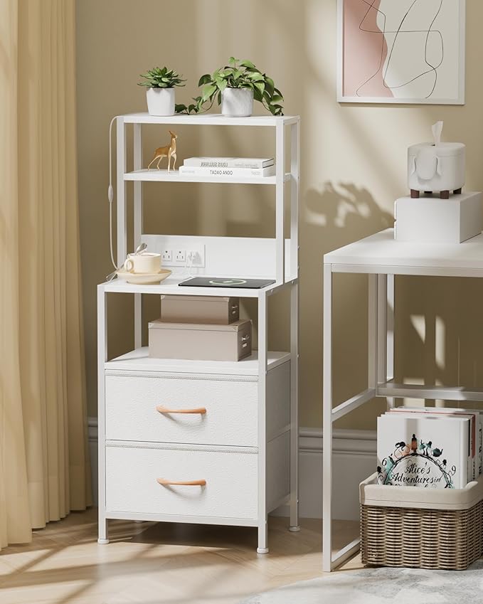 Furnulem Night Stand, Tall Bed Nightstand with 4-Tier Shelves, 2 PU Fabric Drawers and Light Tube, Bed Side Tables with Charging Station, Bedside Table for Bedroom, White