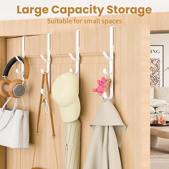 Over The Door Hooks Hanger,Over The Door Towel Hook Organizer Hanging for Coat Clothes Backpack hat Purse Metal Towel Rack Back of Shower for Bathroom,Dorm,Bedroom,Kitchen,Office Closet White-4Packs