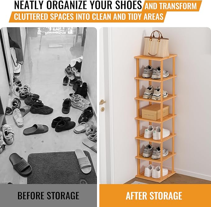 Bamboo Free Standing Shoe Rack Shelf Multi Tier Tall Wooden Stackable Shoes Rack Organizer for Closet Front Door Entrance Narrow Vertical Shoe Storage Rack for Corner Stand (Bamboo, 7 Tiers)-NeatNest