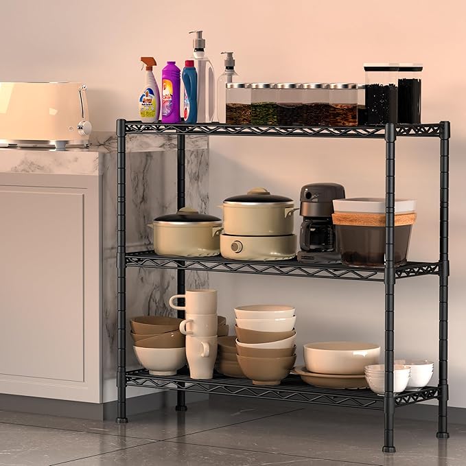 3-Shelf Adjustable Heavy Duty Storage Shelves,36" Wx14 Dx35.8 H Metal Organizer Wire Rack for Laundry Bathroom Kitchen Pantry Closet Garage Shelving Black
